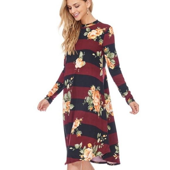Burgundy Stripe Flower Dress - Picture 4 of 4